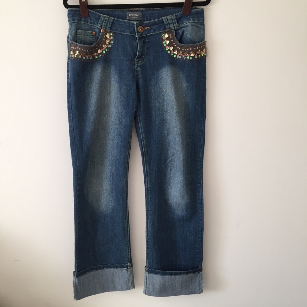 Mötivi Embellished Cropped Straight Low Rise Folded Edge Jeans Size US 10